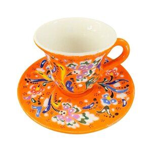 Folk Art Pottery Demitasse Espresso Teacup Saucer Set Orange Hand Painted Turkey